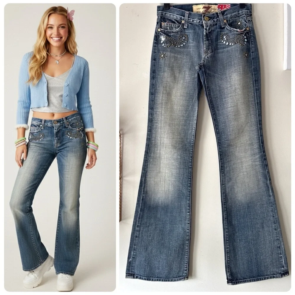 7FAM Great China Wall Y2K Low Rise Flare Swarovski Crystal Studded Jeans Sz 27